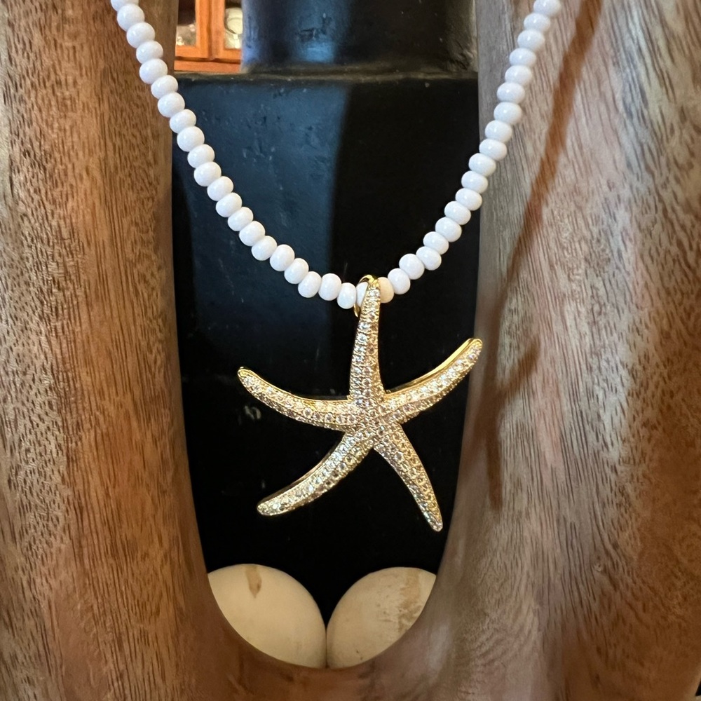 Gold Starfish Pendant Necklace with White Beads